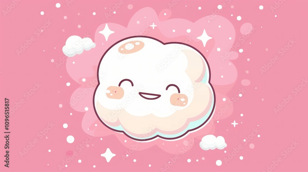 Adorable smiling cloud with rosy cheeks on a pink background with stars and sparkles. Cartoon-style digital illustration for children’s design. Generative AI Adorable smiling cloud with rosy cheeks on a pink background with stars and sparkles. Cartoon-style digital illustration for children’s design. Generative AI