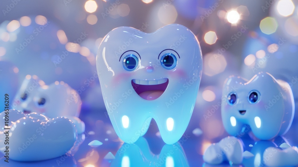 Smiling tooth character with bright blue eyes on a glowing background ...
