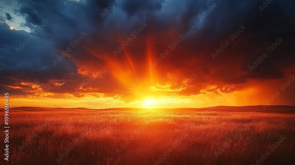 Fiery Sunset Over Grassy Plains Dramatic Sky Fiery Sunset Over Grassy Plains Dramatic Sky