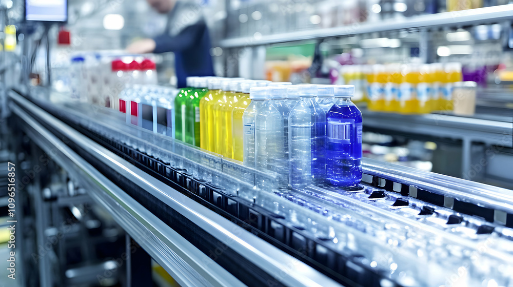 Bottles Moving on Conveyor Belt in Factory Bottles Moving on Conveyor Belt in Factory