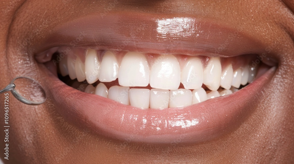 Fototapeta premium Close-up of a bright smile with white teeth and a dental mirror reflecting the lips and gums. Professional dentistry and oral health concept. Generative AI