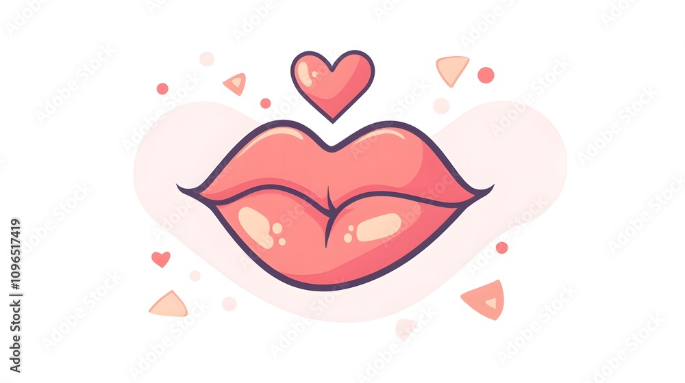 Adorable kissing lips icon with a small heart above, pastel pink and red tones, cartoon style, on a white background Adorable kissing lips icon with a small heart above, pastel pink and red tones, cartoon style, on a white background