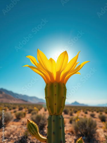 Beautiful yellow maguey botton flower in full bloom under clear blue sky, detail, flora, outdoor, garden, sunny photo