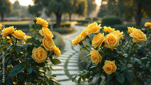 Beautiful yellow rosebushes in a serene garden setting, serene, rosebushes, setting, spring photo