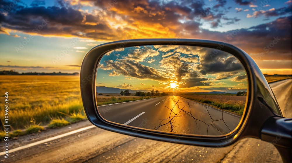 Rearview mirror reflecting road and sunset sky Rearview mirror reflecting road and sunset sky