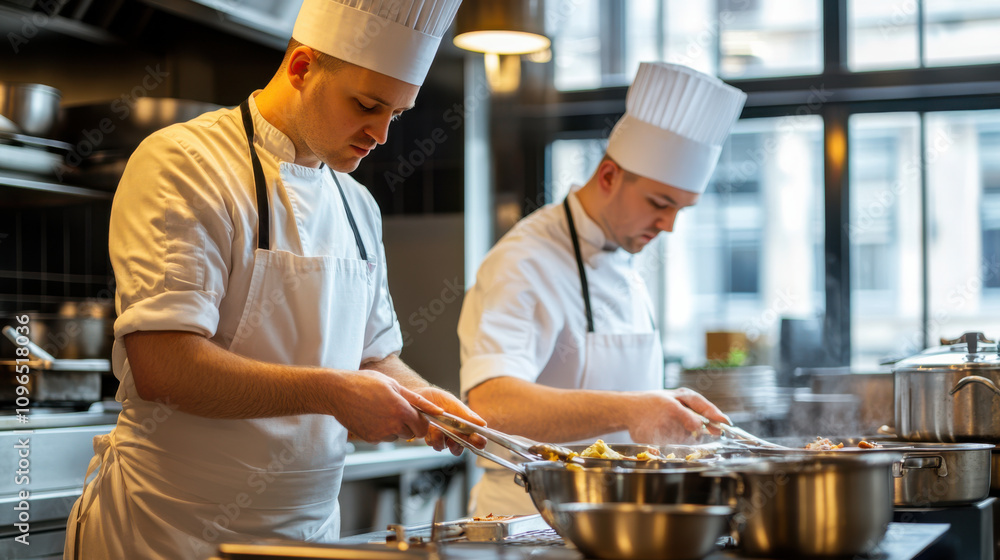 Two chefs prepare dishes in a modern kitchen, focusing on their tasks amidst stainless steel equipment and a bright, airy atmosphere. Two chefs prepare dishes in a modern kitchen, focusing on their tasks amidst stainless steel equipment and a bright, airy atmosphere.
