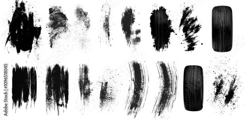 Tire treads, wheel texture, tire marks - car races, motocross, drift, rally, off-road, and other activities. Modern black isolated texture in a grunge style with splashes. Black and white monochrome