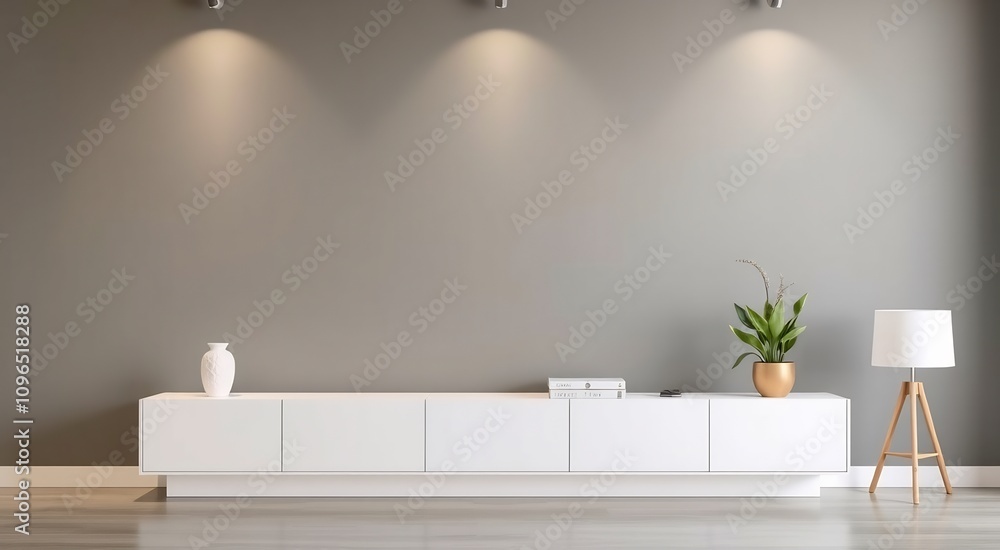 Minimalist living room interior design with white cabinet, grey wall, and a floor lamp. Minimalist living room interior design with white cabinet, grey wall, and a floor lamp.