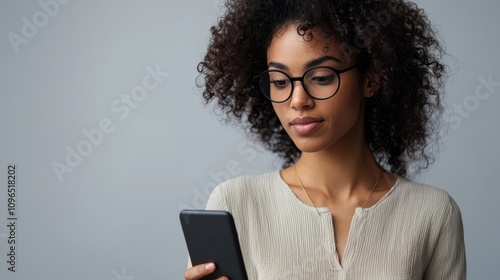 Wallpaper Mural Woman with smartphone against soft muted backdrop coding screen visible minimalistic tech setup professional clarity and simplicity in design organized and calm workspace Torontodigital.ca