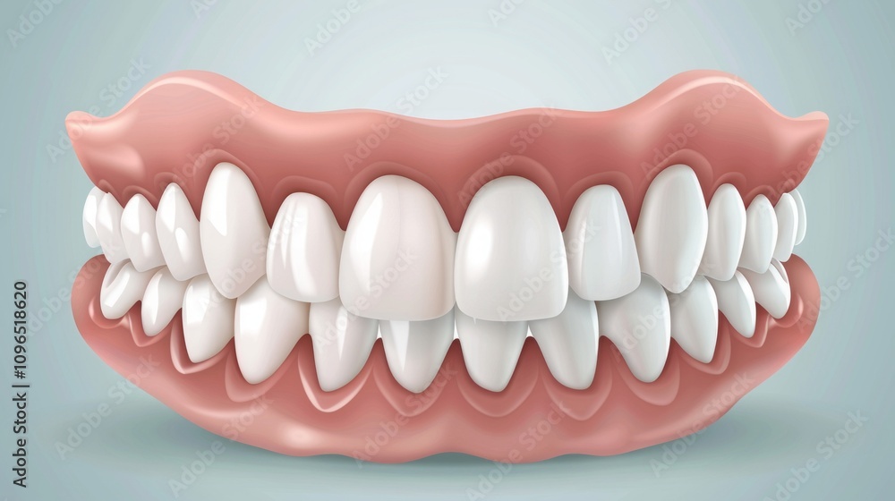 Obraz premium 3D illustration of upper and lower human teeth in gums. Realistic dental anatomy visualization on a light gradient background. Generative AI