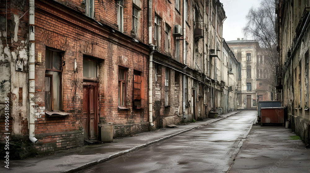 Decaying Brick Buildings Line a Narrow, Wet Alleyway in an Old City Decaying Brick Buildings Line a Narrow, Wet Alleyway in an Old City