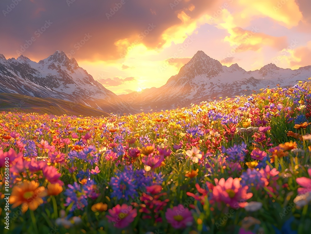 A breathtaking view of a vibrant wildflower meadow during sunset, with colorful blooms stretching towards majestic snow-capped mountains in the background. A breathtaking view of a vibrant wildflower meadow during sunset, with colorful blooms stretching towards majestic snow-capped mountains in the background.