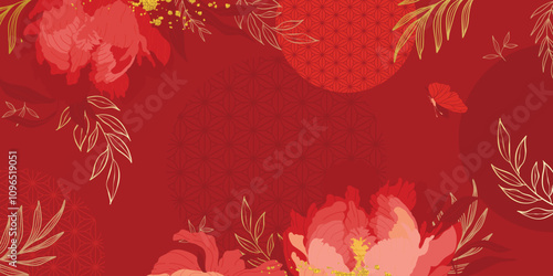 Chinese new year luxury pattern background vector. Oriental peony flower and leaves gold line art on red background. Design illustration for wallpaper, poster, banner, packaging, advertising.