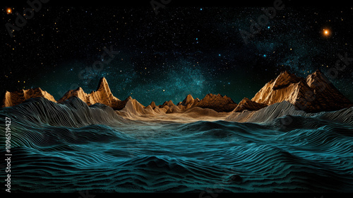 Immersive virtual reality landscape with mountains and stars