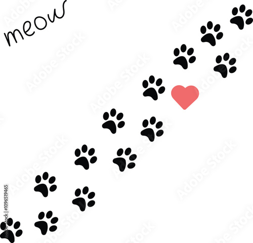 Сat paw prints, heart and meow