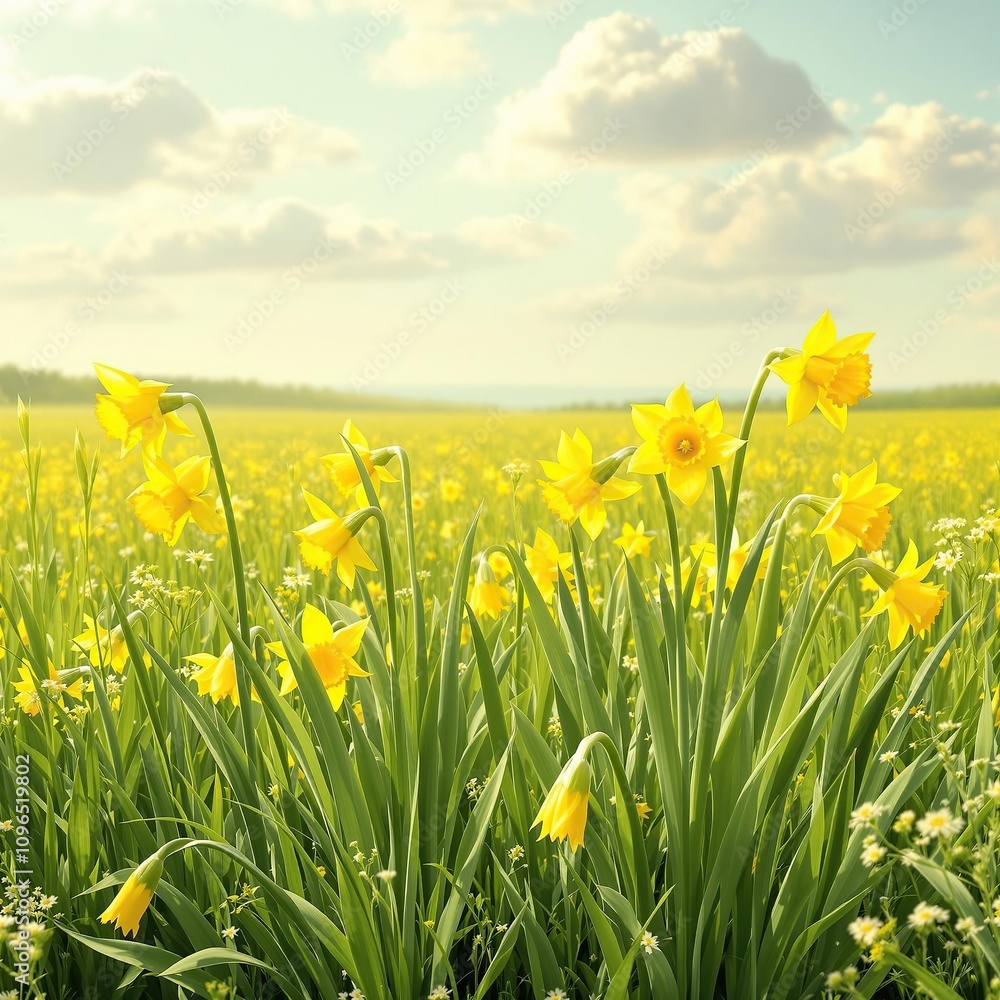 Fototapeta premium A group of daffodils standing tall and proud in a lush green meadow, with the sun shining down on them, nature, outdoors, landscape, sunshine