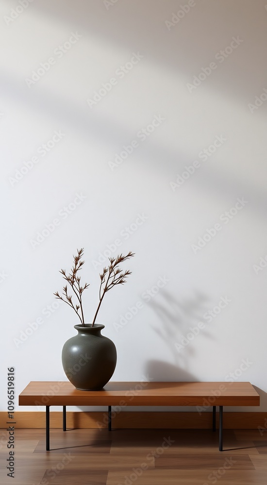 Simple interior design with a vase and a wooden bench. Simple interior design with a vase and a wooden bench.