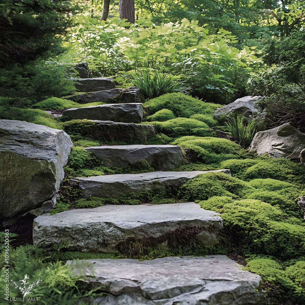 Fototapeta premium Stone steps ascend a lush, mossy hillside.