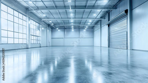 Spacious Industrial Warehouse Interior with Polished Concrete Floor and Large Windows