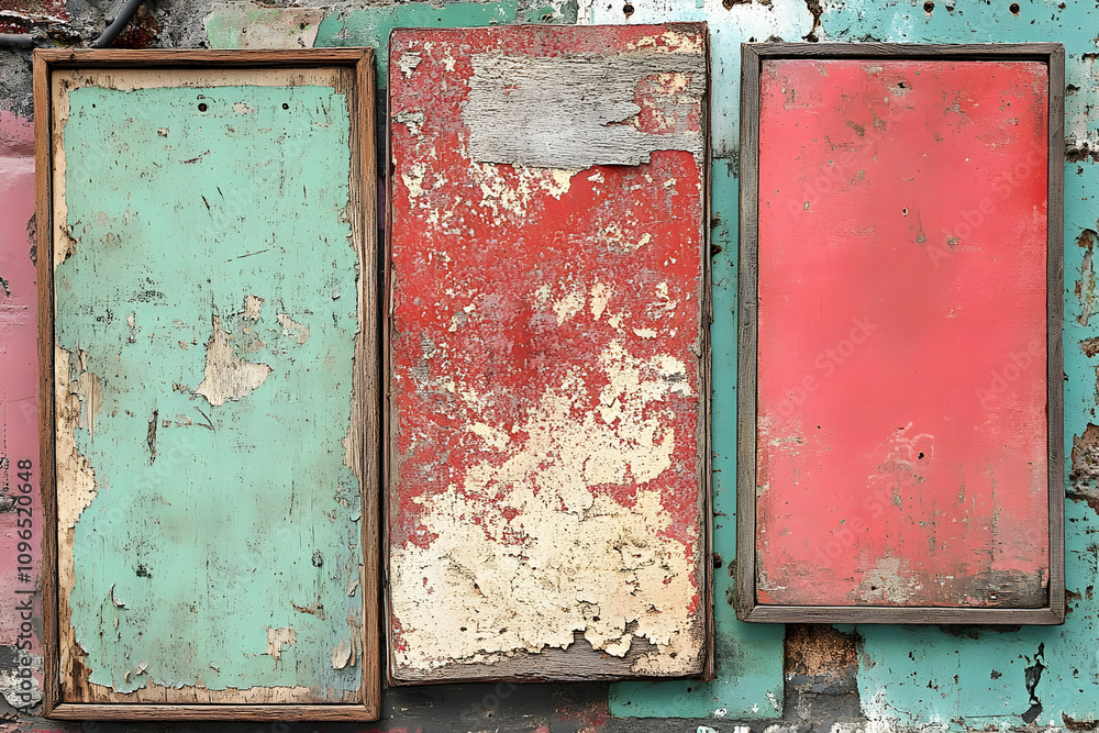 Naklejka premium Three Vintage Wooden Panels with Peeling Paint