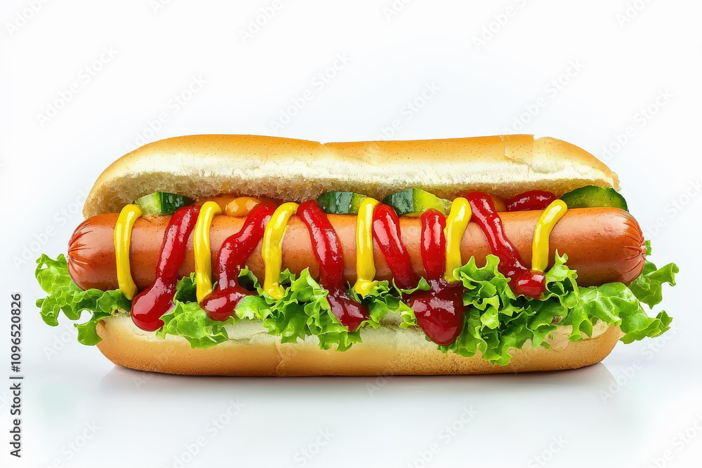 apetitoso perrito caliente con lechuga, pepinillo, mostaza y tomate con pan sobre fondo blanco apetitoso perrito caliente con lechuga, pepinillo, mostaza y tomate con pan sobre fondo blanco