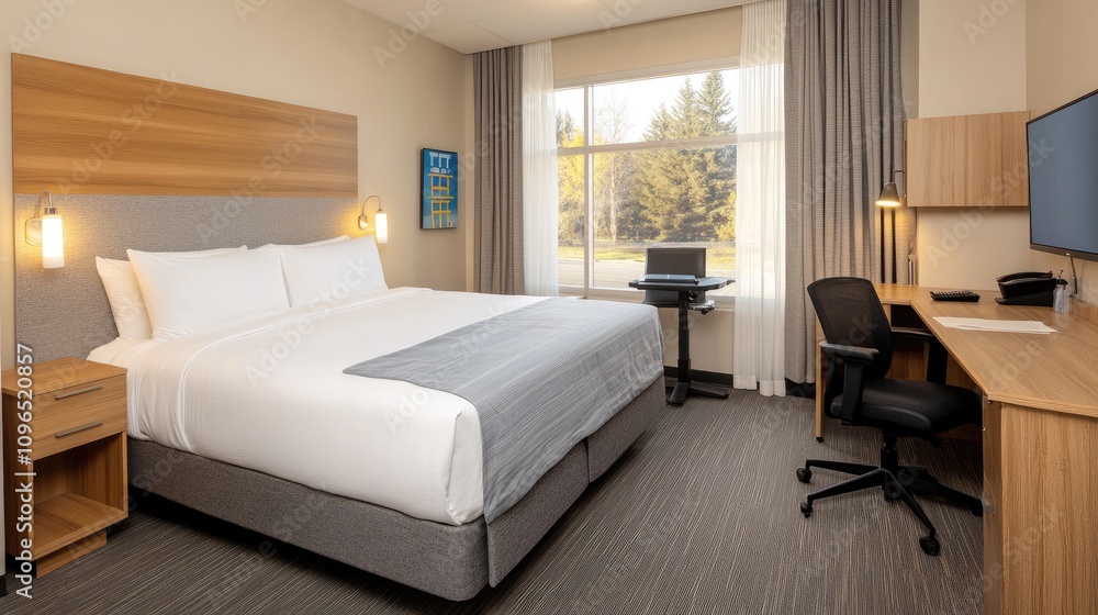 Spacious and stylish hotel room featuring a comfortable bed, an office desk, and ample natural light from a large window Spacious and stylish hotel room featuring a comfortable bed, an office desk, and ample natural light from a large window