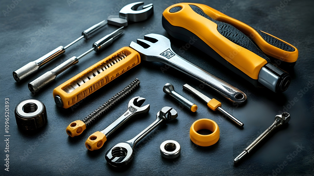 Assorted Hand Tools Arranged on Dark Surface Assorted Hand Tools Arranged on Dark Surface