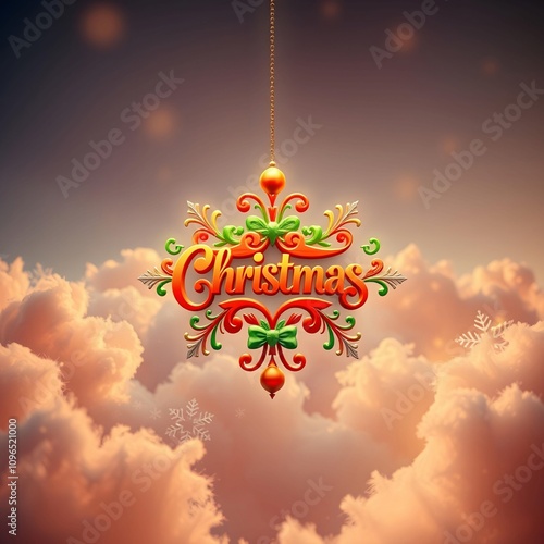 christmas greeting card. a christmas ornament hangs from a string with a christmas ornament hanging from it.