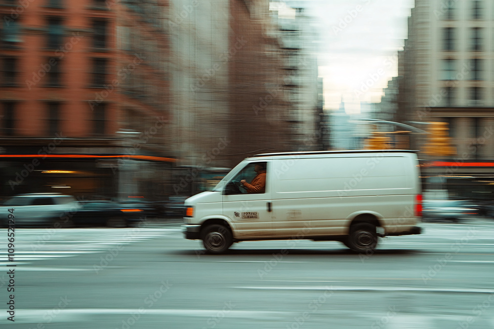 a white delivery van moves quickly through a busy urban city street with blurred motion and tall buildings in the background
a white delivery van moves quickly through a busy urban city street with blurred motion and tall buildings in the background