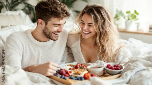 Joyful Couple Sharing Intimate Breakfast in Bed Moment in Bright Bedroom Setting