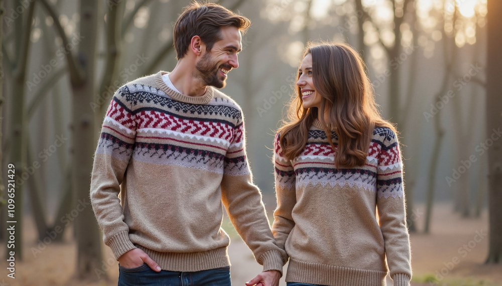 Romantic Couple in Matching Tan Fair Isle Sweaters Strolling Through Sun-Dappled Forest Romantic Couple in Matching Tan Fair Isle Sweaters Strolling Through Sun-Dappled Forest