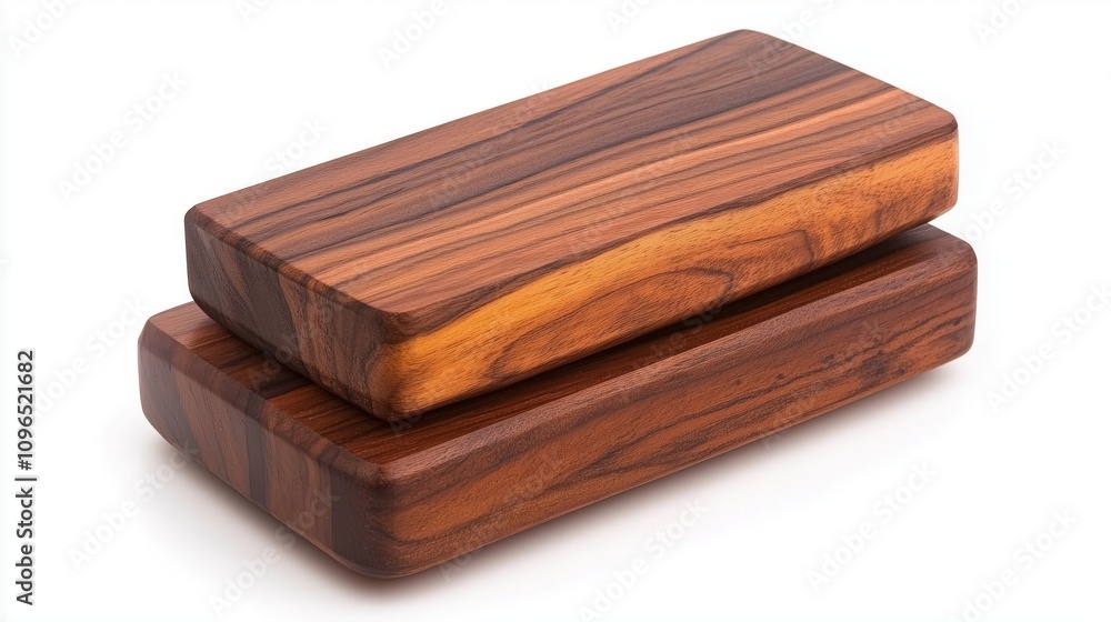 A pair of polished wood blocks stacked neatly, showcasing smooth rounded edges and rich natural grain patterns in warm tones, placed on a white background for a clean aesthetic A pair of polished wood blocks stacked neatly, showcasing smooth rounded edges and rich natural grain patterns in warm tones, placed on a white background for a clean aesthetic