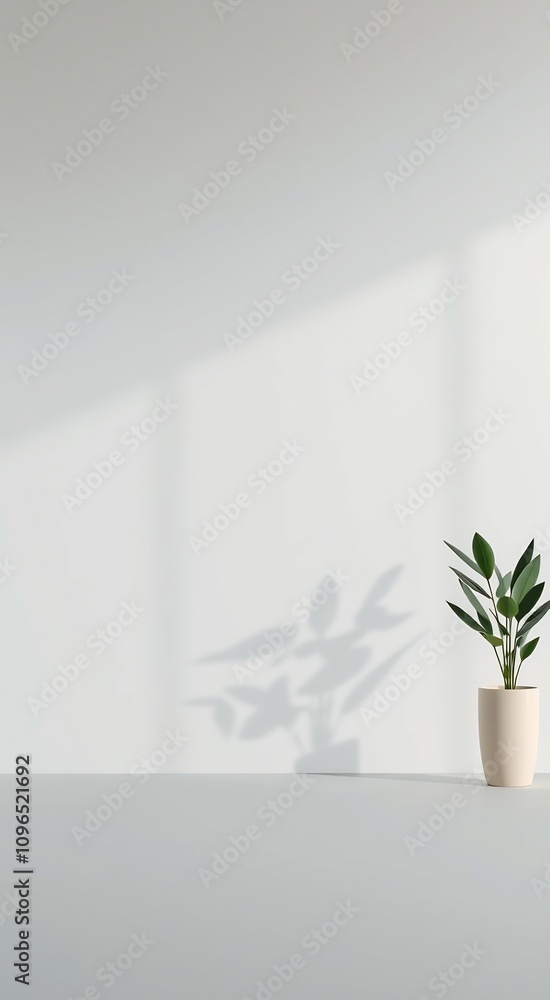 White wall with plant shadow and potted plant. White wall with plant shadow and potted plant.