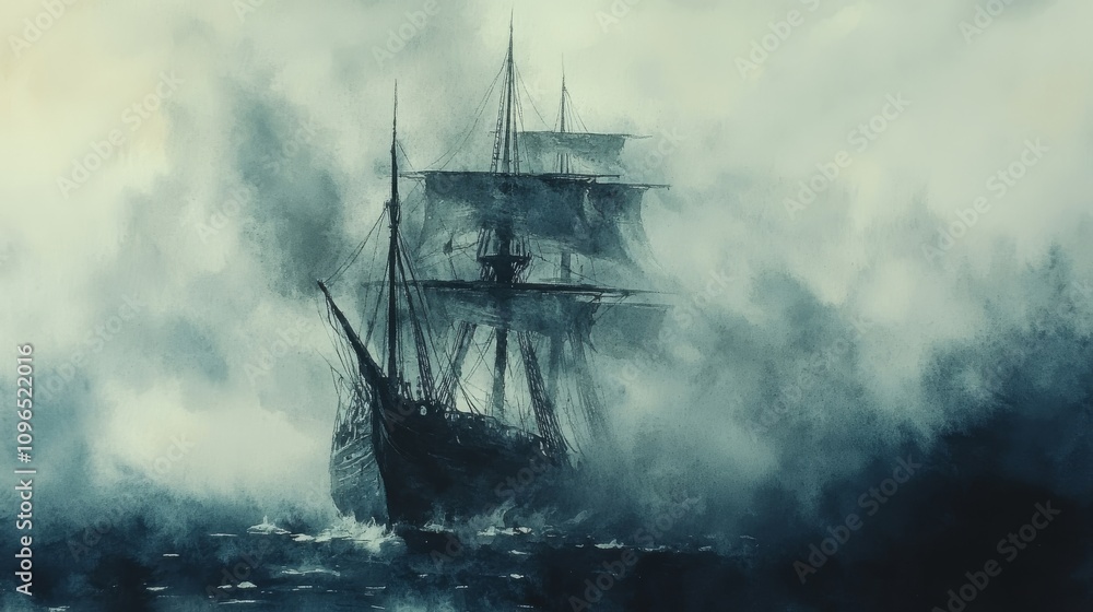 Obraz premium Ancient Sailing Ship In A Misty Sea