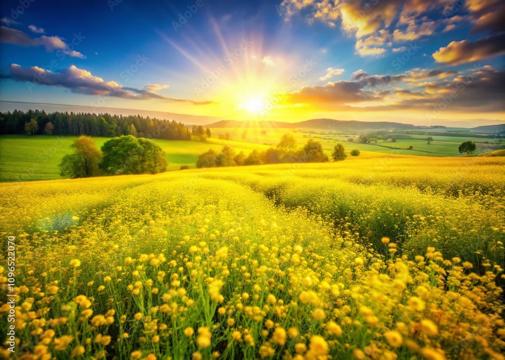 Obraz premium Aerial View of a Vibrant Sunny Summer Field with Bokeh Effect Capturing the Beauty of Nature in Full Bloom During Golden Hour
