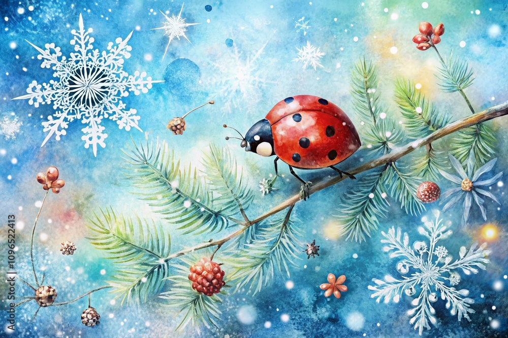 Aerial View of a Winter-Themed Watercolor Greeting Card Featuring a Charming Ladybug Amidst Snowflakes and Frosty Backgrounds in a Cozy Seasonal Atmosphere Aerial View of a Winter-Themed Watercolor Greeting Card Featuring a Charming Ladybug Amidst Snowflakes and Frosty Backgrounds in a Cozy Seasonal Atmosphere