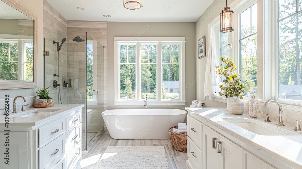Bright bathroom design with large windows and stylish fixtures Bright bathroom design with large windows and stylish fixtures