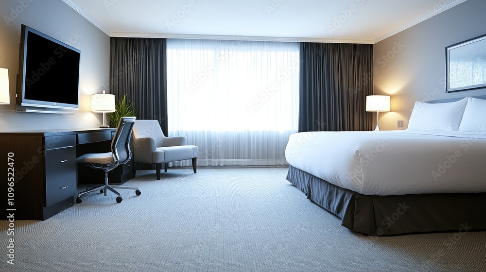 Spacious and stylish hotel room featuring a comfortable bed, an office desk, and ample natural light from a large window Spacious and stylish hotel room featuring a comfortable bed, an office desk, and ample natural light from a large window