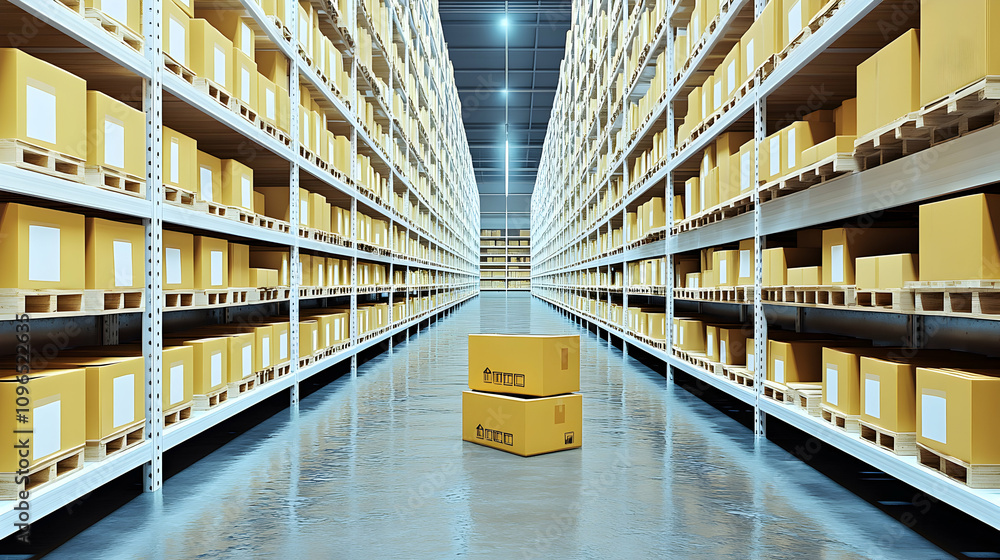 3D rendering of a large warehouse, showing numerous shelves stocked with cardboard boxes, illustrating efficient logistics and storage solutions. 3D rendering of a large warehouse, showing numerous shelves stocked with cardboard boxes, illustrating efficient logistics and storage solutions.