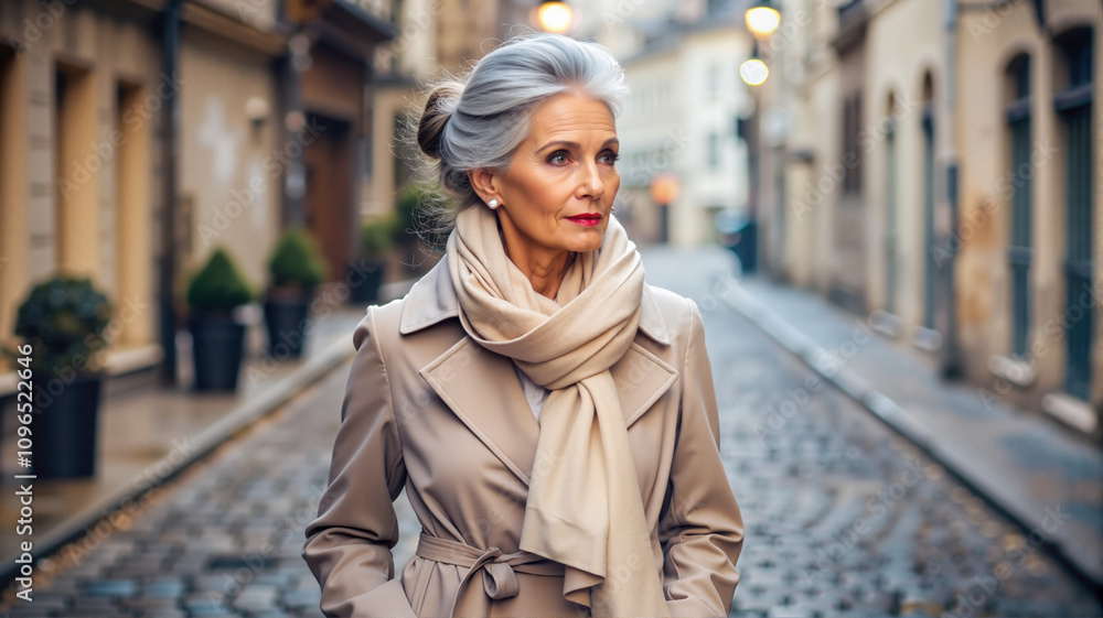 Fototapeta premium Stylish senior woman walking in cobblestone alleyway
