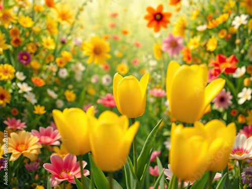 Blurred yellow tulips with bright flora background, garden, flora #1096522837