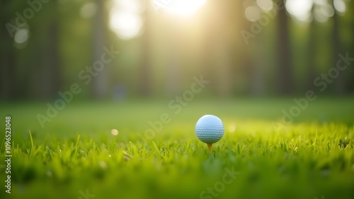 Golf Ball on a Tee at Sunset, Peaceful Green Fairway photo