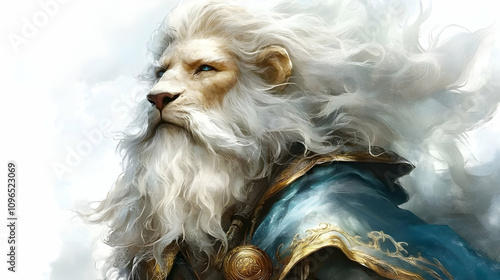 Majestic White Lion with Flowing Mane, Digital Painting Illustration