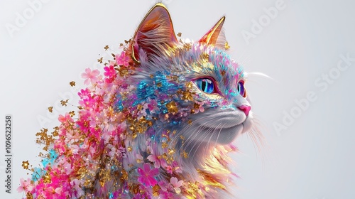 Fantasy Floral Cat with Gold and Pastel Details - A Dreamlike Artistic Design