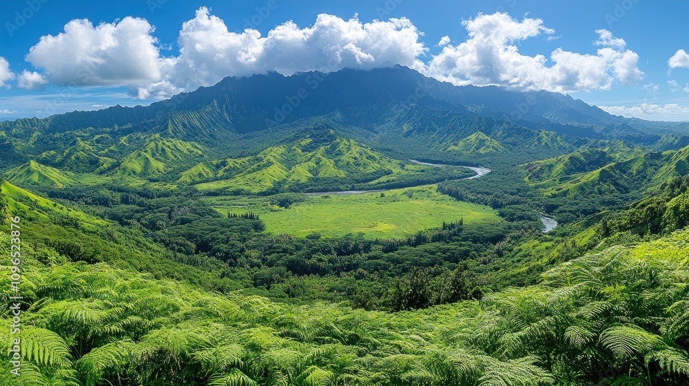 Obraz premium Panoramic View of Lush Valley and Majestic Mountains in Kauai, Hawaii