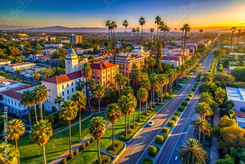 Aerial View of Beverly Hills Neighborhood with Iconic Beverly Hills Hotel and Sunset Boulevard Framed by Lush Palm Trees in Los Angeles, California
