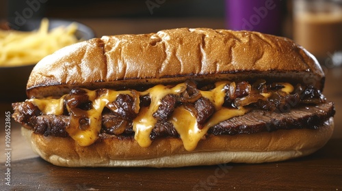 Delicious Beef Sandwich With Melted Cheese And Onions photo