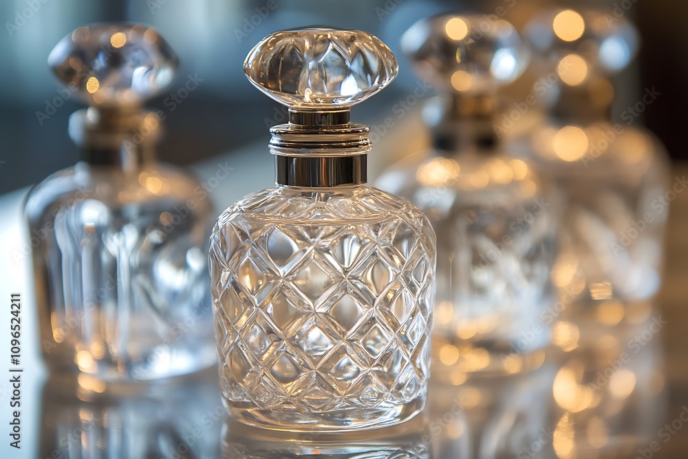 Three elegant, crystal perfume bottles on a reflective surface. Three elegant, crystal perfume bottles on a reflective surface.
