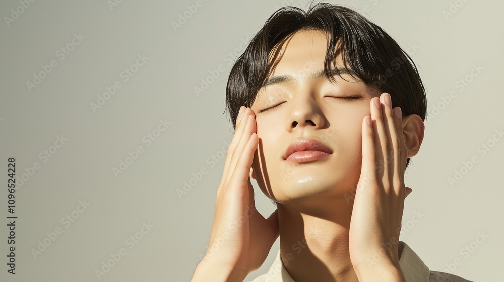両手で顔を包み込むように頬に手を当ててスキンケアしているアジア系男性の画像 両手で顔を包み込むように頬に手を当ててスキンケアしているアジア系男性の画像