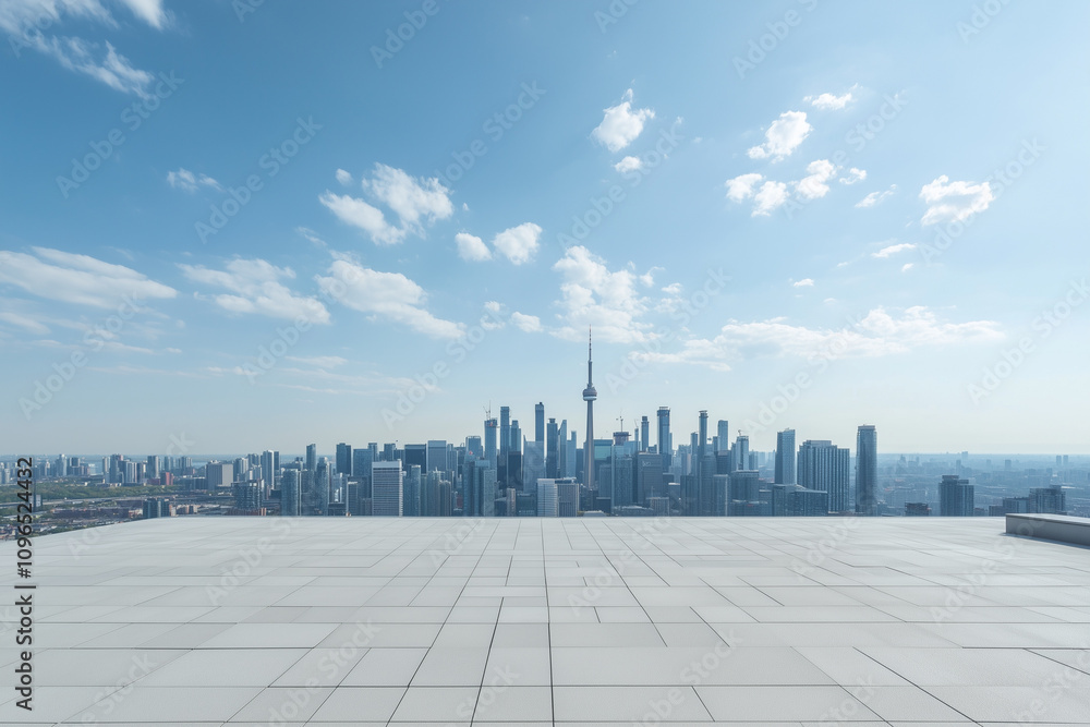 Empty Rooftop with City Skyline and Clear Blue Sky Empty Rooftop with City Skyline and Clear Blue Sky